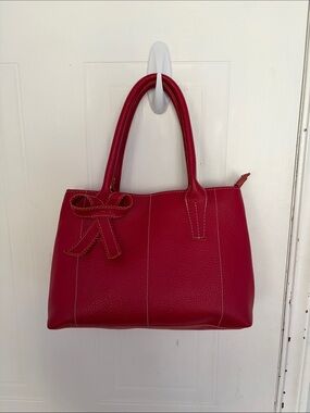 Red Leather Tote Handbag with Decorative Bow